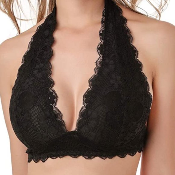 Floral Lace Halter Bra Bralette Top Lined Wirefree NWT Black Small - Picture 1 of 6